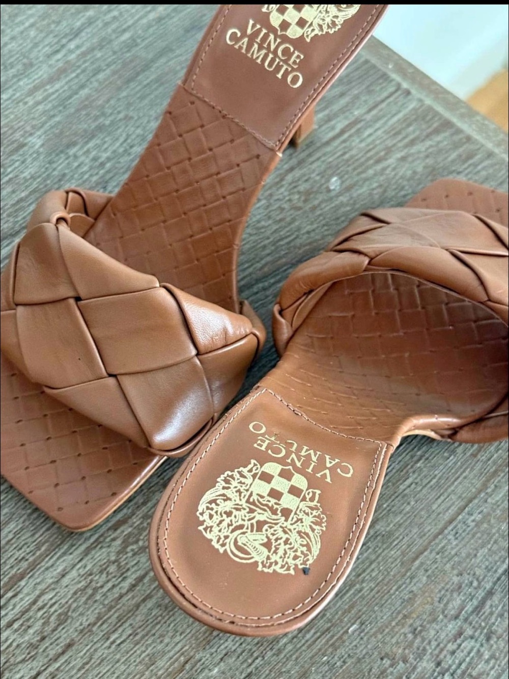 Vince Camuto Cognac Brown Woven Leather Slide Mules